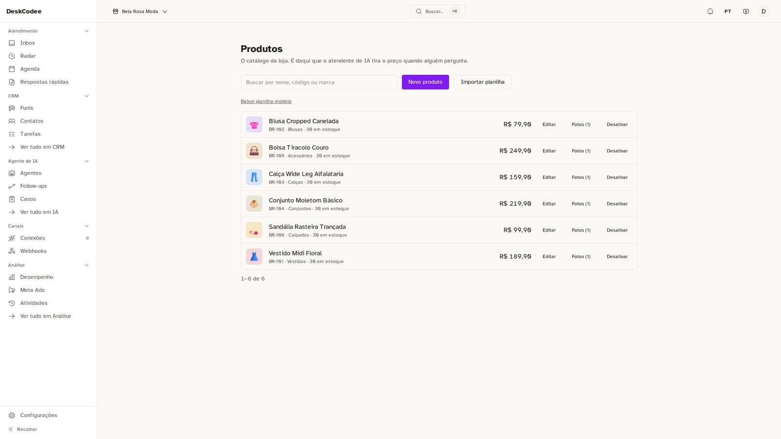 Tela real: catálogo de produtos consultado pela IA
